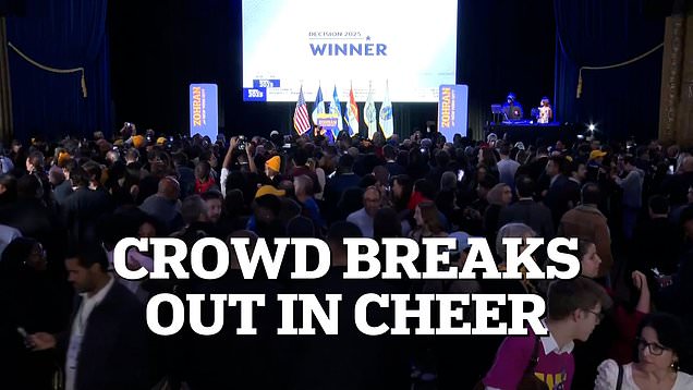 Moment crowd breaks out in cheer as Zohran Mamdani to victory in NY