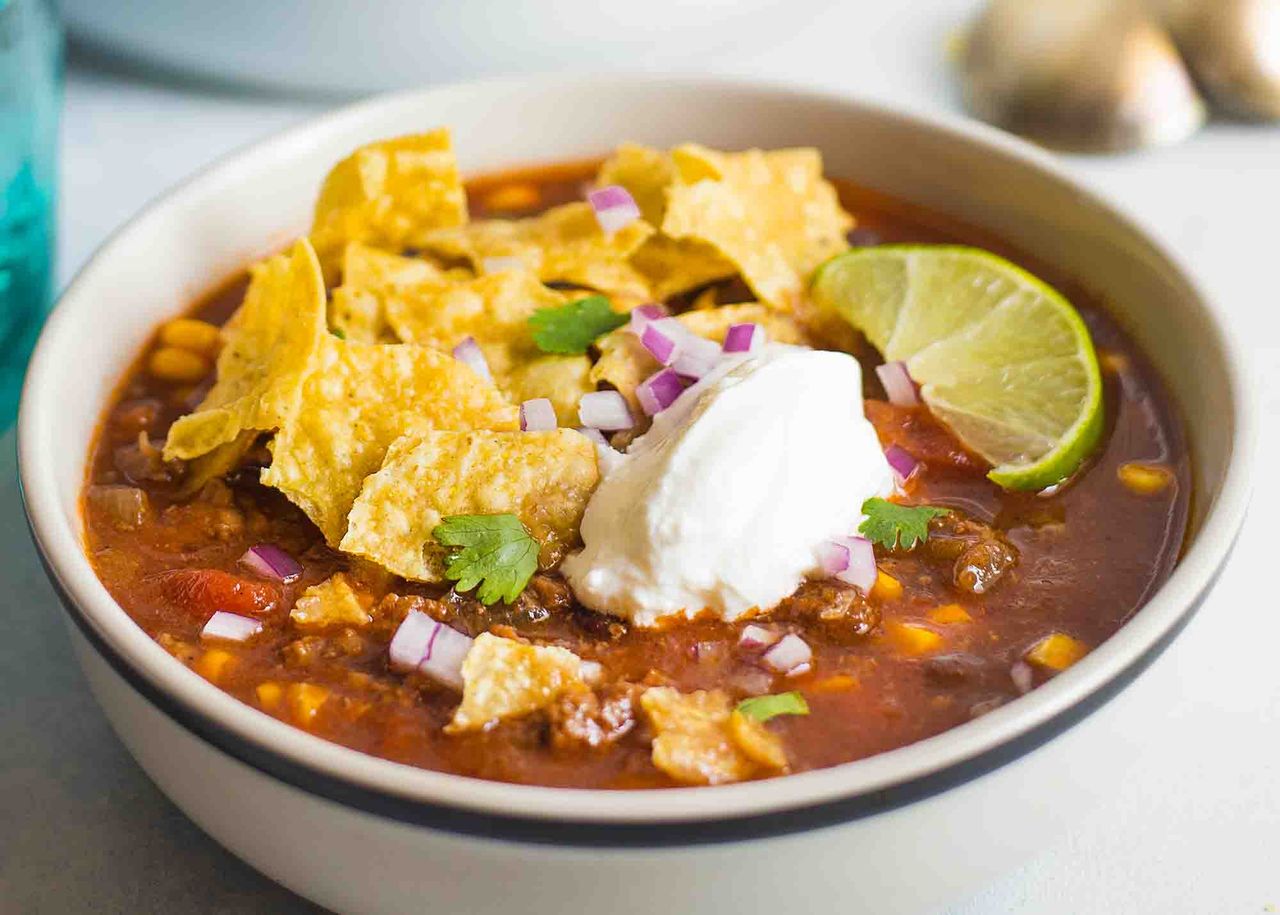 A bowl of taco soup, ready to eat