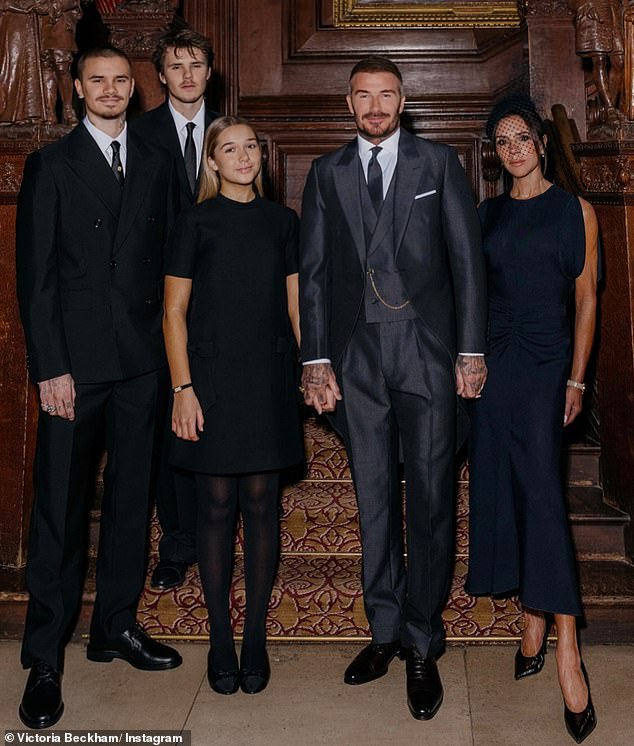 (L-R) Romeo Beckham, Cruz Beckham, Harper Beckham, Sir David Beckham and Lady Victoria Beckham at Windsor Castle following Tuesday morning's investiture