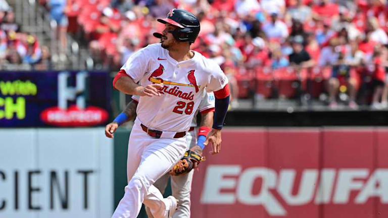 Apr 13, 2025; St. Louis, Missouri, USA; St. Louis Cardinals third baseman Nolan Arenado (28) rounds second base on a two-run home run by St. Louis Cardinals first baseman Willson Contreras (40, not shwon) in the fourth inning against the Philadelphia Phillies at Busch Stadium. Mandatory Credit: Tim Vizer-Imagn Images | Tim Vizer-Imagn Images