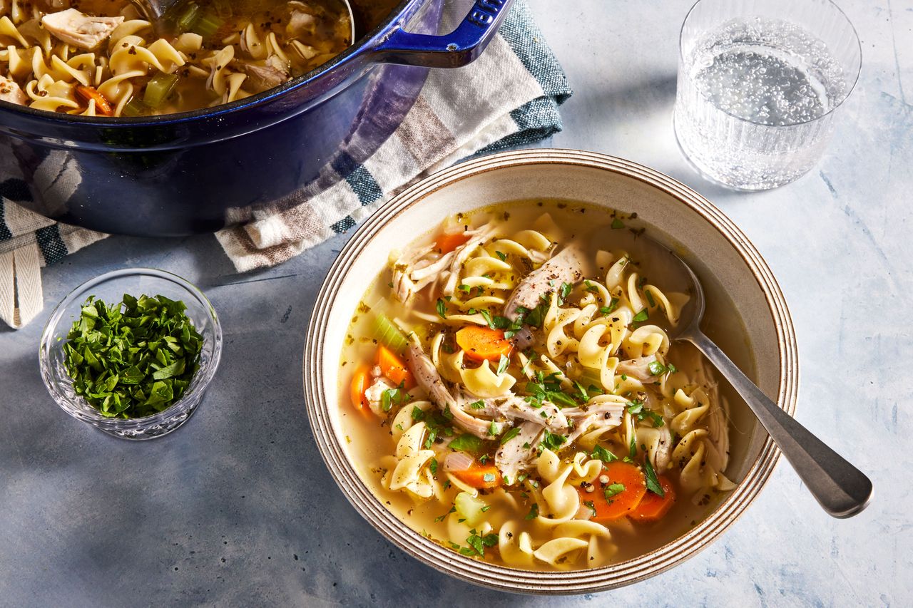 Southern Living Rotisserie Chicken Noodle Soup in a bowl to serve