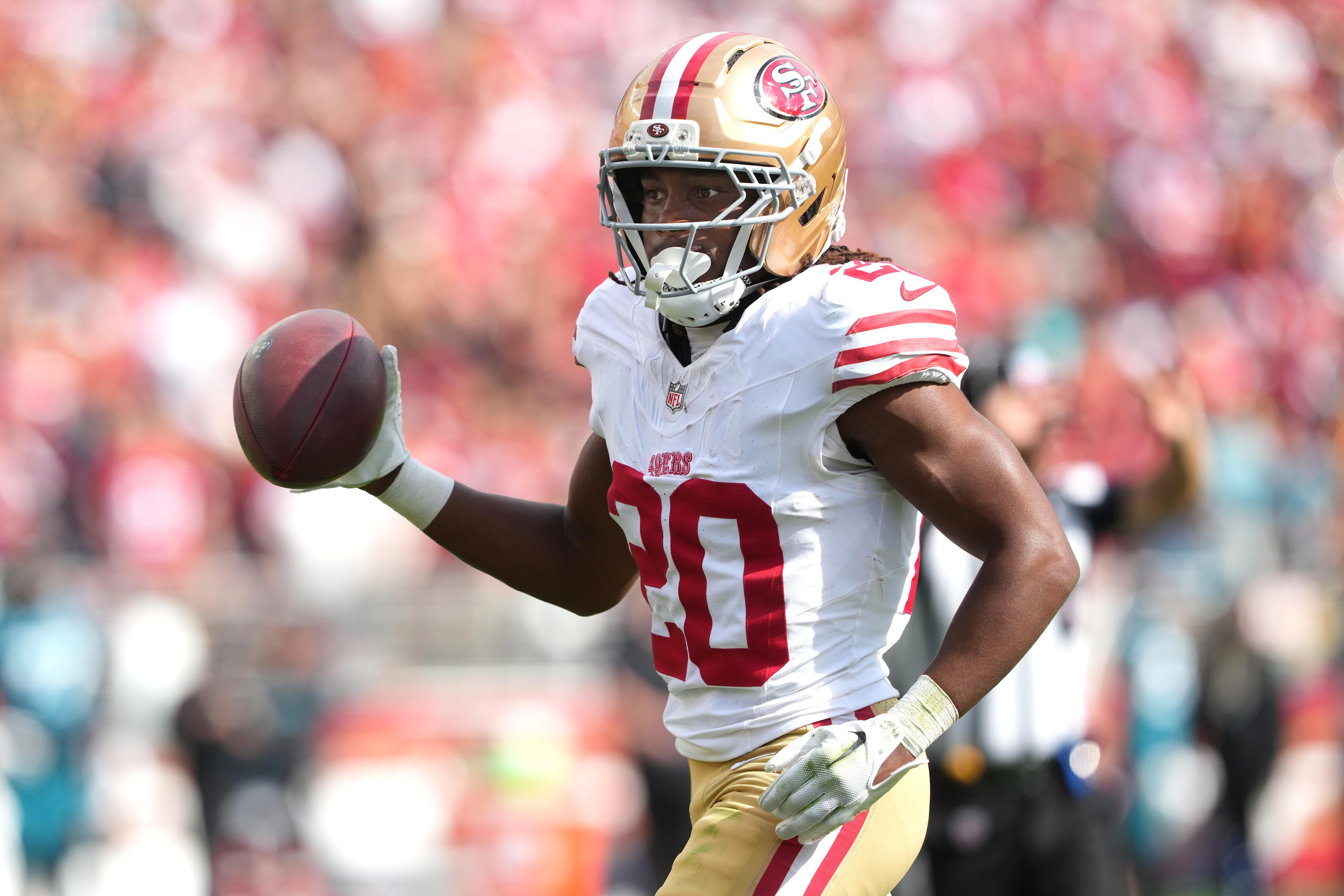 Sep 28, 2025; Santa Clara, California, USA; San Francisco 49ers cornerback Upton Stout (20) during the third quarter against the Jacksonville Jaguars at Levi's Stadium. Mandatory Credit: Darren Yamashita-Imagn Images