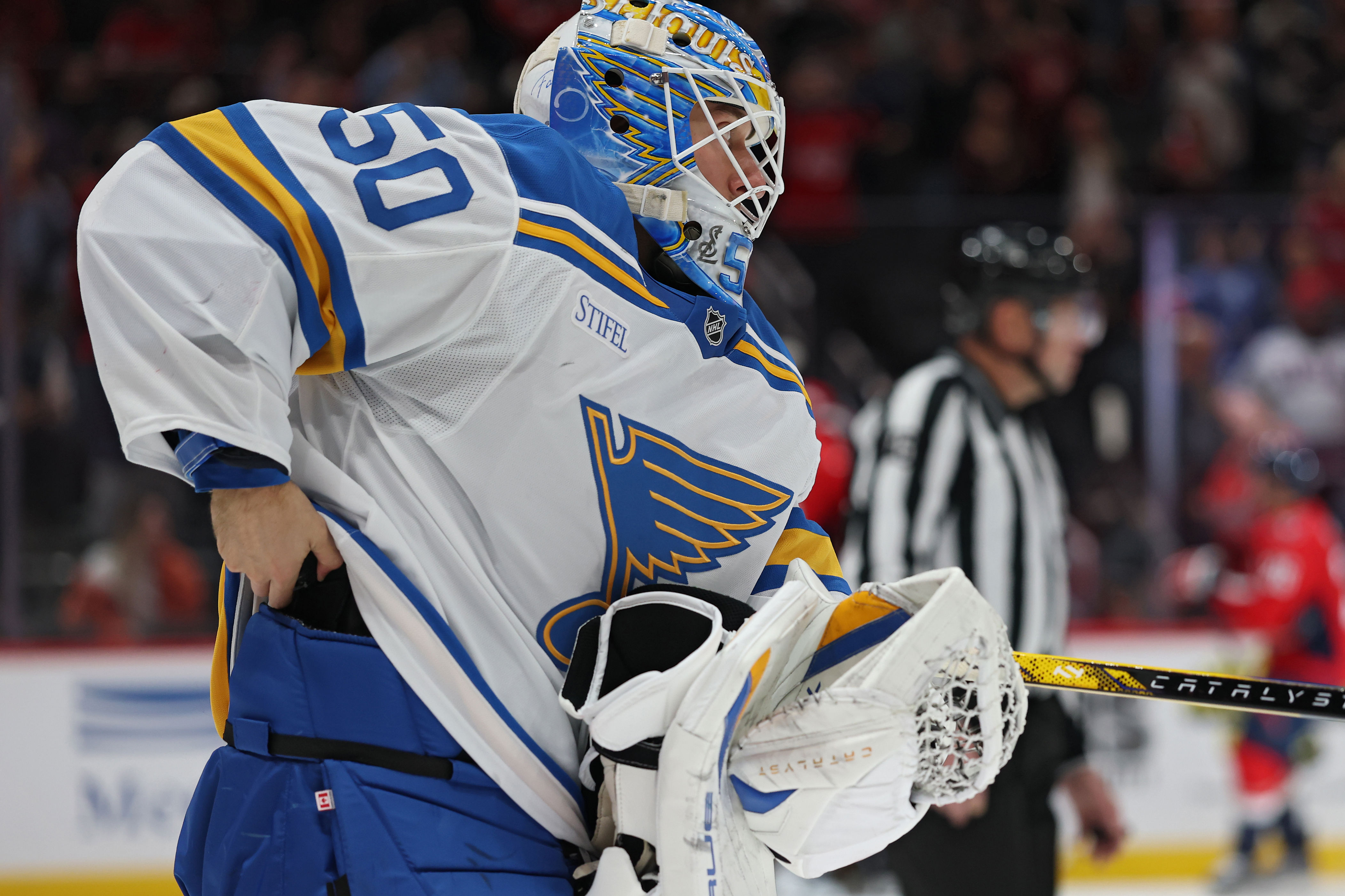 Jordan Binnington stuffed Alex Ovechkin’s 900th goal puck in his pants