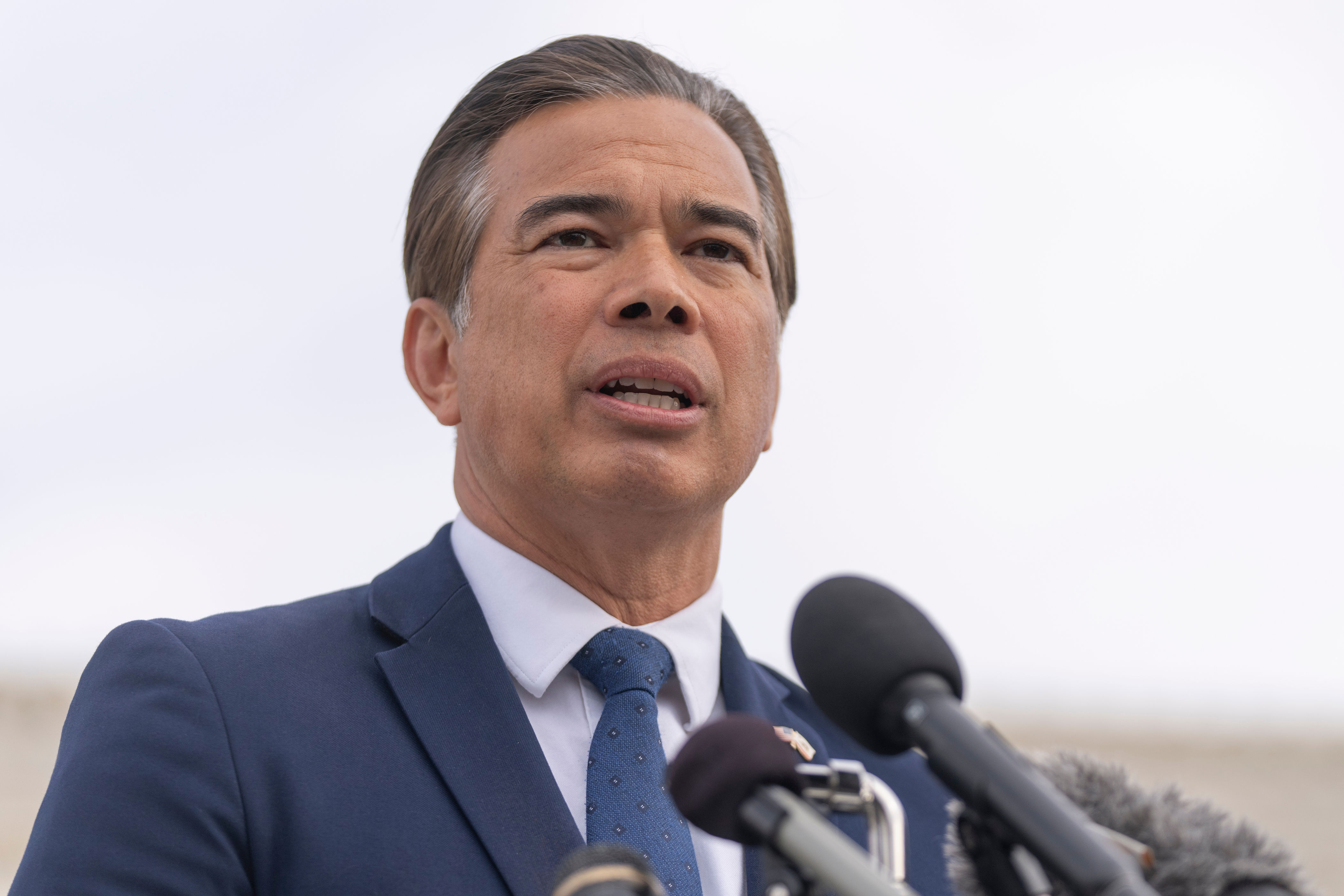 California Attorney General Rob Bonta speaks to reporters outside the Supreme Court on Nov. 5, 2025, in Washington.