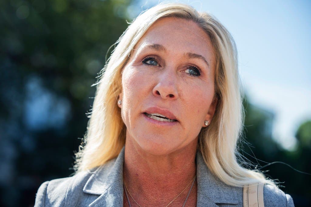 Representative Marjorie Taylor Greene, a Georgia Republican, talks with reporters after a meeting of the House Republican Conference at the Capitol Hill Club on September 9. (Tom Williams/CQ Roll Call via AP Images)