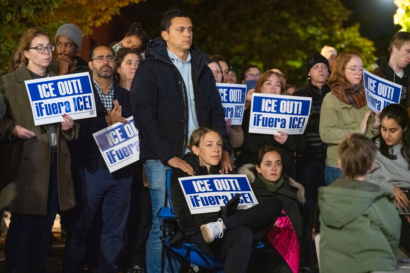 Hundreds of community members, parents, and elected officials attend a rally at Northcenter Town Square, in support of Ms. Diana an educator who was detained by federal law enforcement officers at Rayito de Sol Spanish Immersion Early Learning Center this morning, Wednesday, Nov. 5, 2025, in Chicago. (Tyler Pasciak LaRiviere/Chicago Sun-Times via AP)