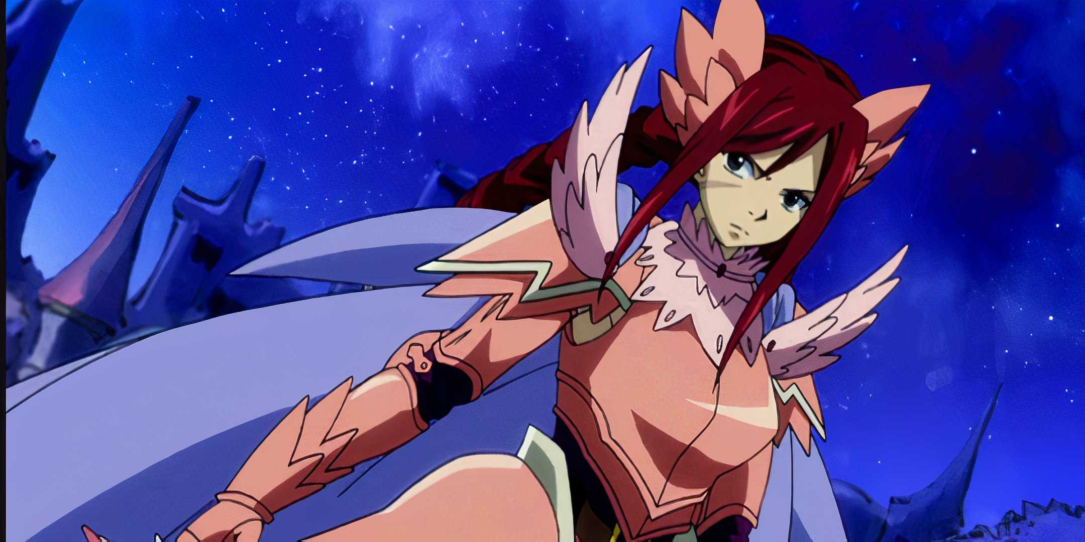 A stern Erza standing against a starry night sky and preparing to fight in her Armadura Fairy Armor in Fairy Tail