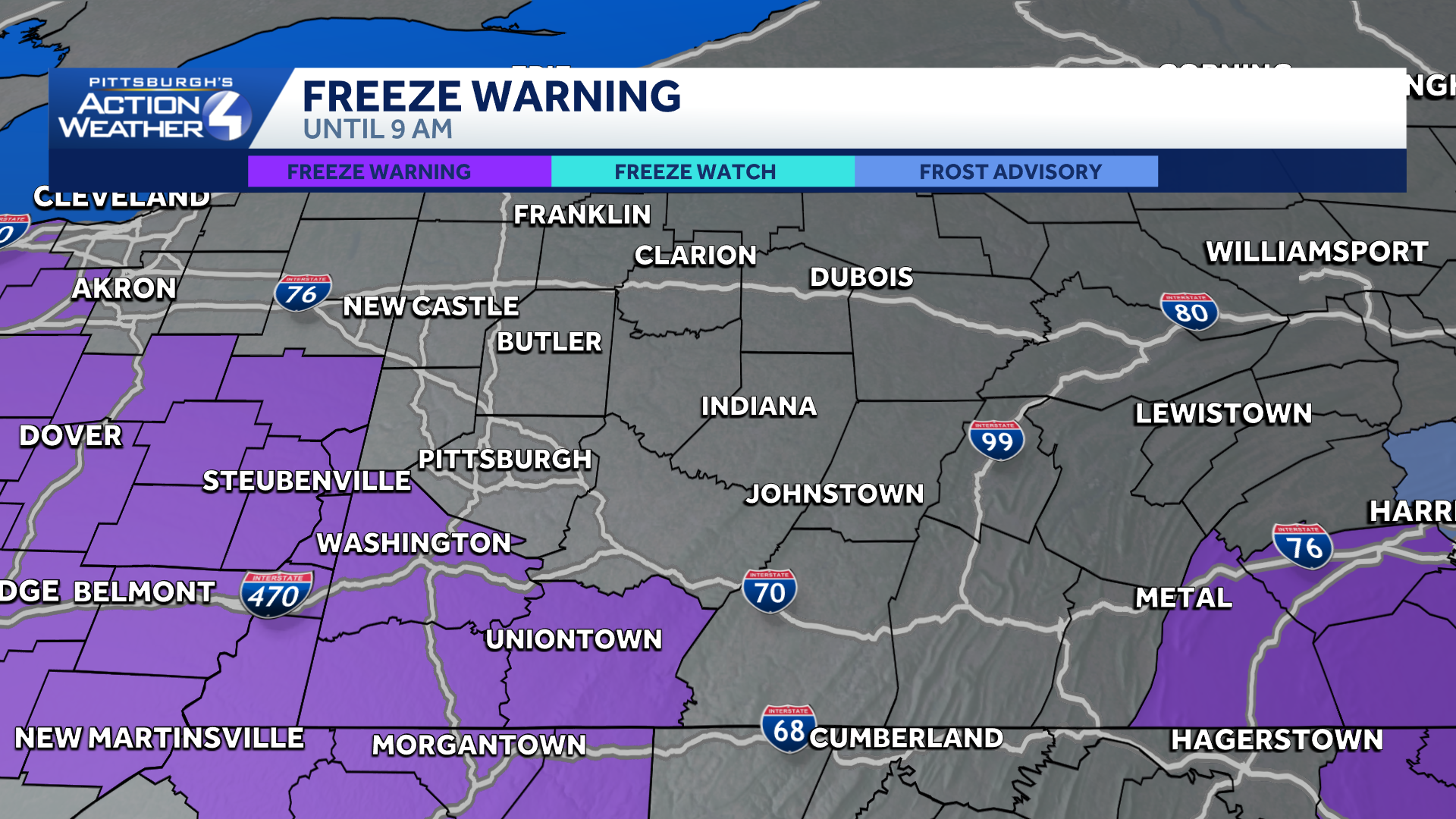 Freeze warning issued for multiple Pennsylvania counties overnight