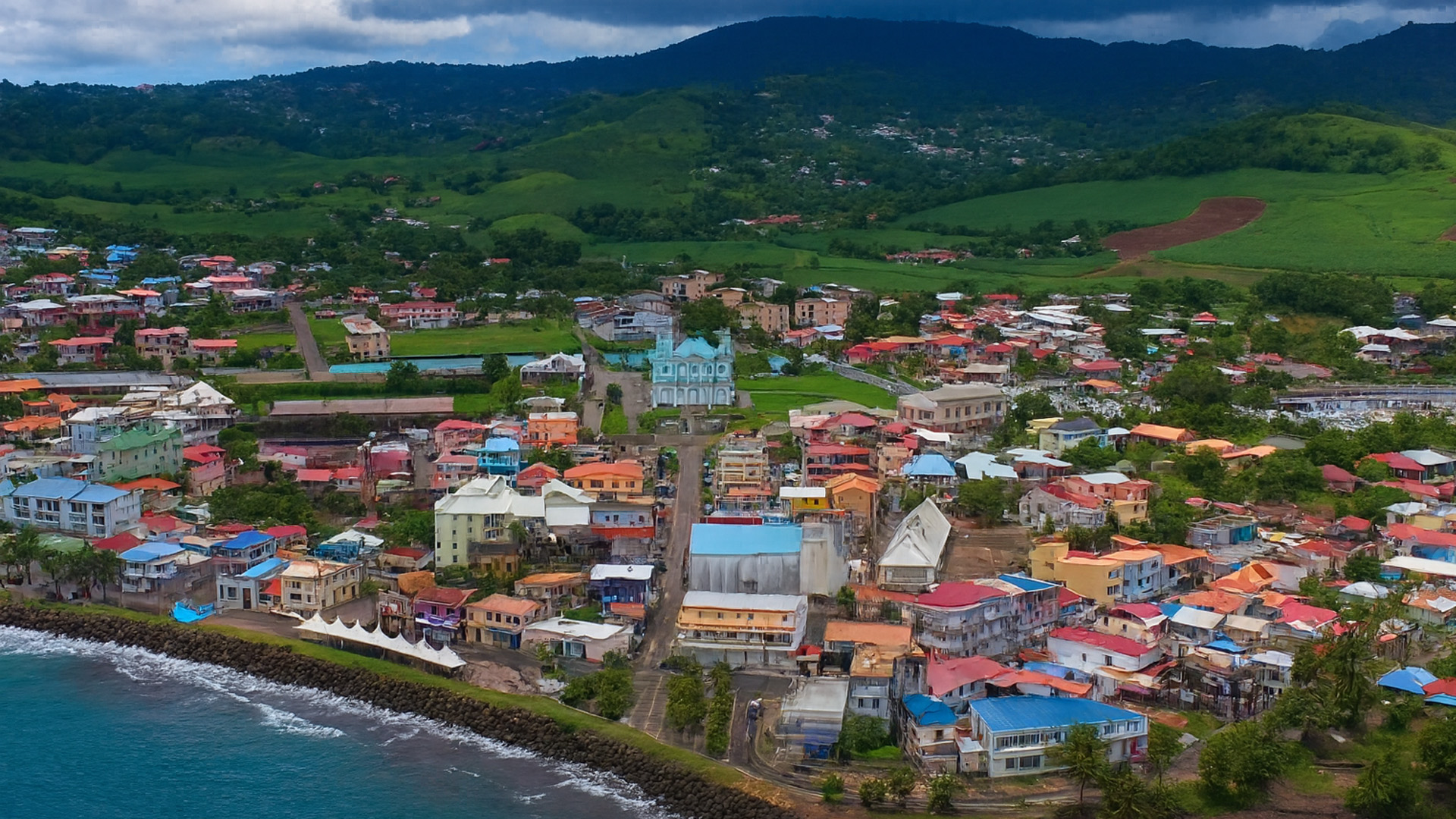 Coastal Town and Hills at Roseau, Dominica in 4K
