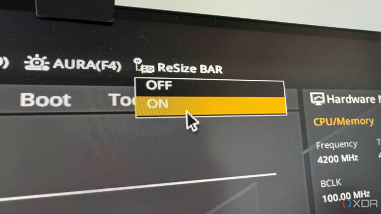 A photo showing the Resize BAR settings set to ON