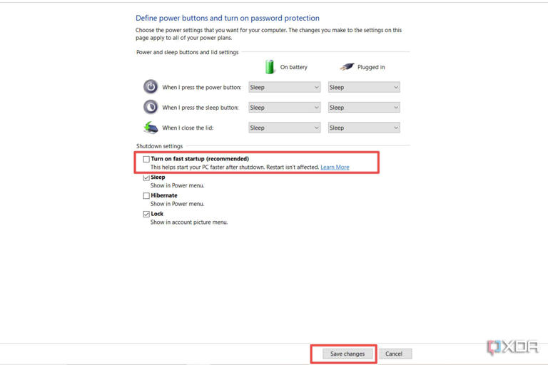 Uncheck the Turn on fast startup toggle