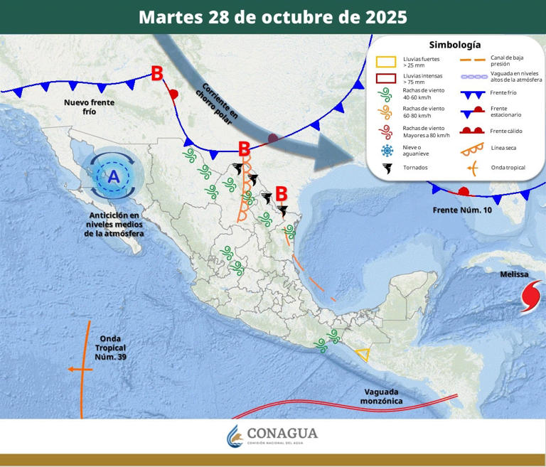 Pronóstico del clima para el martes 28 de octubre del 2025. | Crédito: SMN/Conagua
