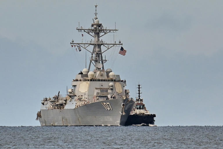 The USS Gravely destroyer arrives to dock for military exercises in Port-of-Spain, Trinidad and Tobago, Sunday, Oct. 26, 2025. (AP Photo/Robert Taylor)