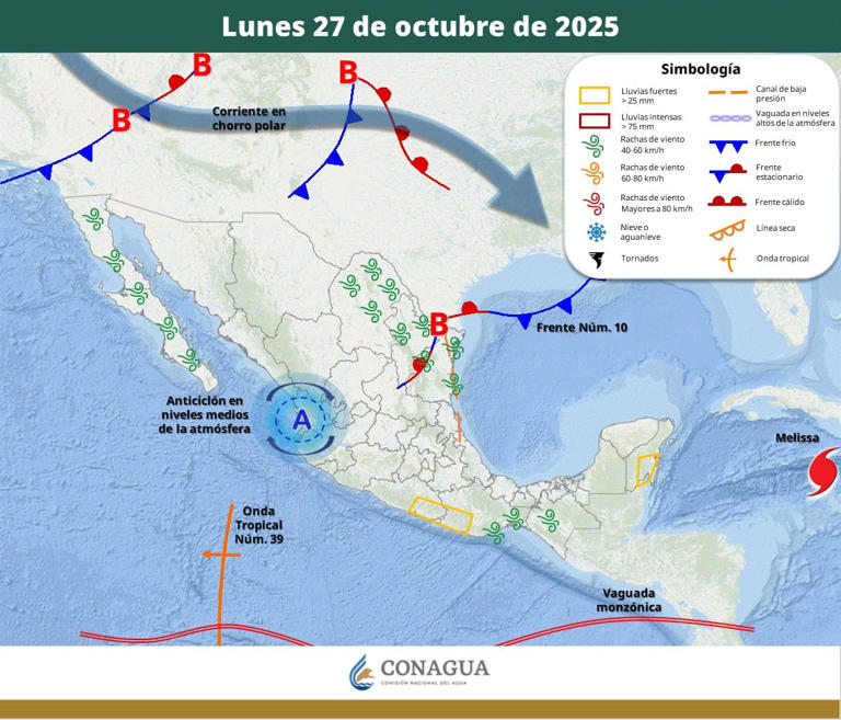 Pronóstico del clima para el lunes 27 de octubre del 2025. | Crédito: SMN/Conagua