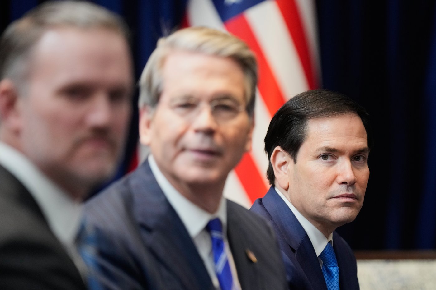 Secretary of State Marco Rubio reacts during a meeting between President Donald Trump and Brazil's President Luiz Inacio Lula da Silva on the sidelines of the ASEAN Summit in Kuala Lumpur, Malaysia, Sunday, Oct. 26, 2025. (AP Photo/Mark Schiefelbein)