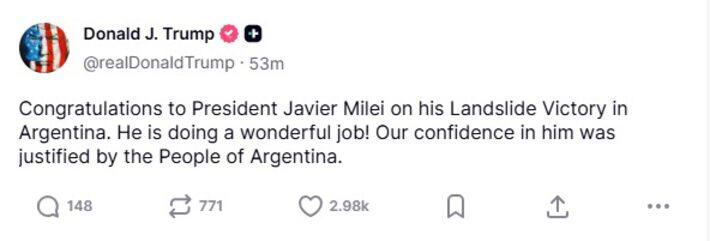 Trump parabeniza Milei, partido A Liberdade Avança conquistar 40% dos votos no pleito Foto: Reprodução: TruthSocial