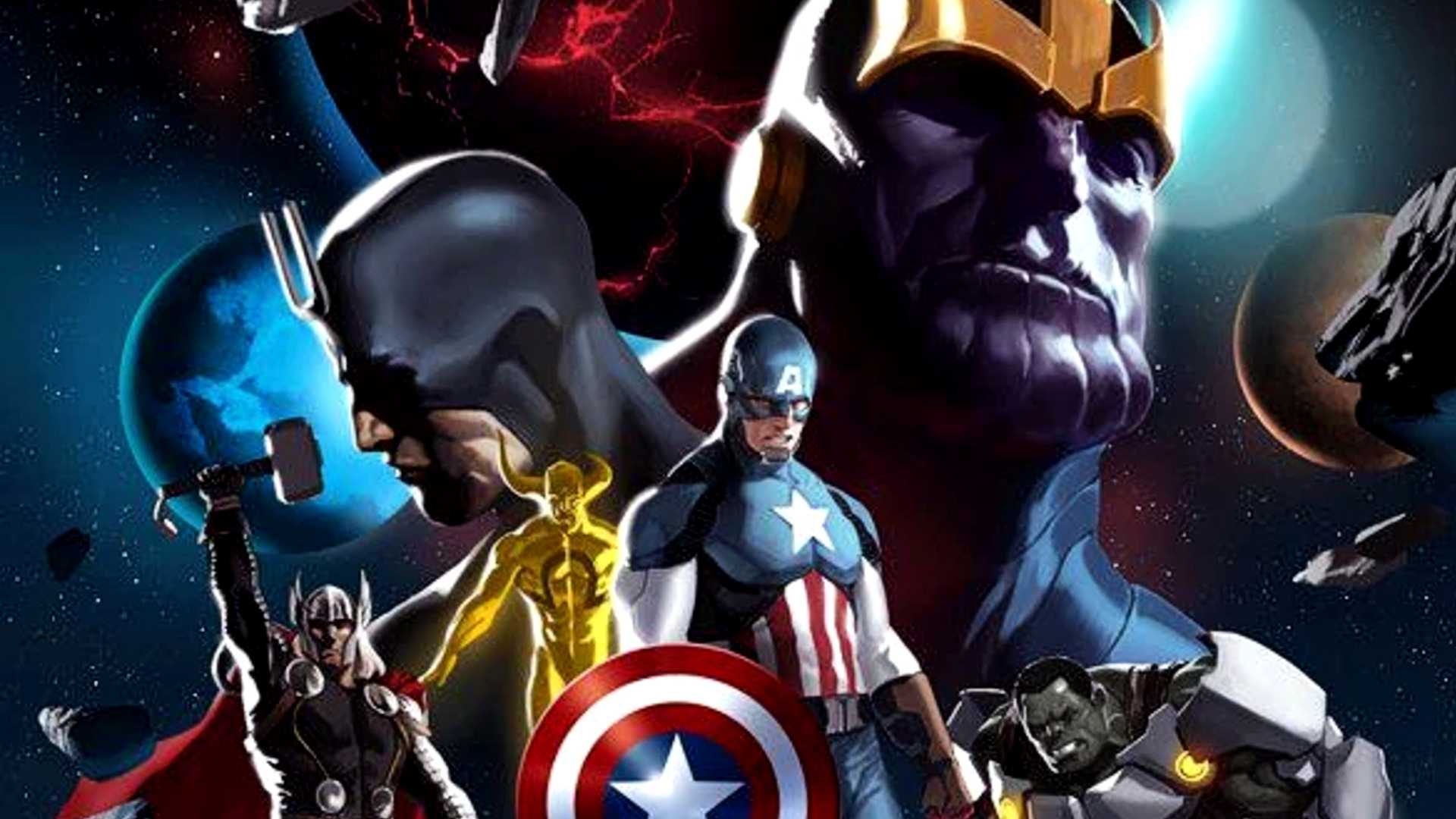 Thanos, Black Bolt, Captain America, and the Avengers stand somberly in space in Infinity Marvel Cover