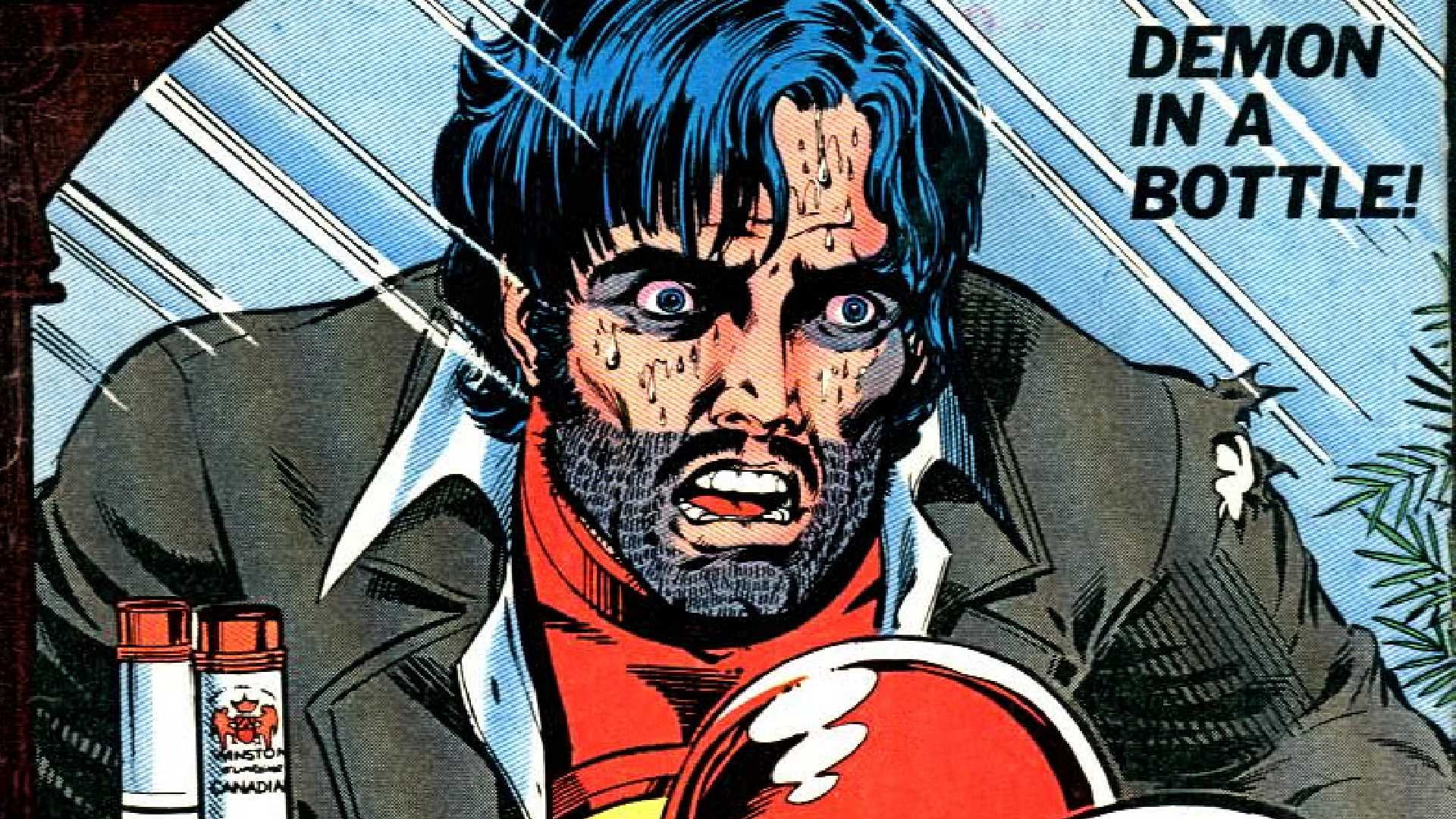 Tony Stark looks at himself in the mirror in Iron Man Demon in a Bottle storyline cover