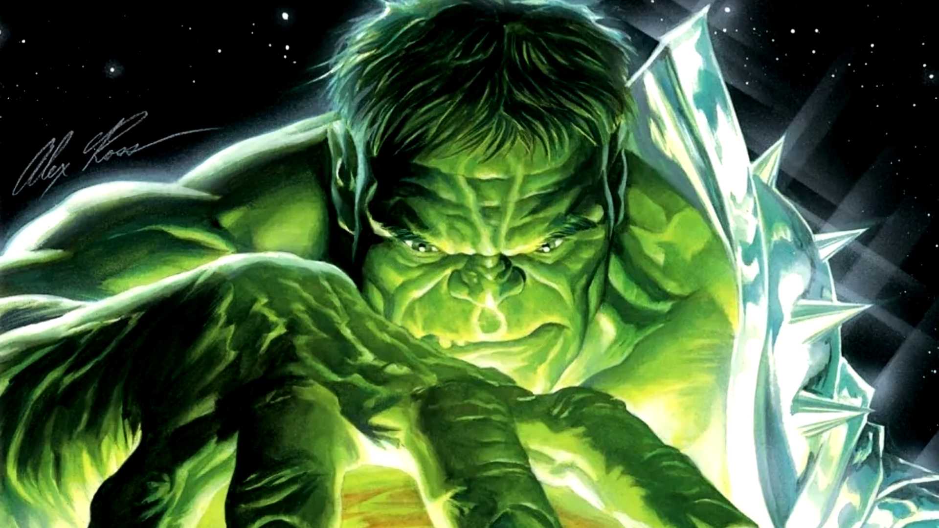 A giant Green Scar holds Sakaar with his hand in Planet Hulk cover by Alex Ross
