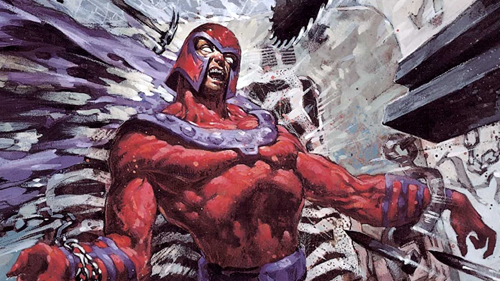 Magneto is attacked by his own metal projectiles in Marvel Ruins comic cover