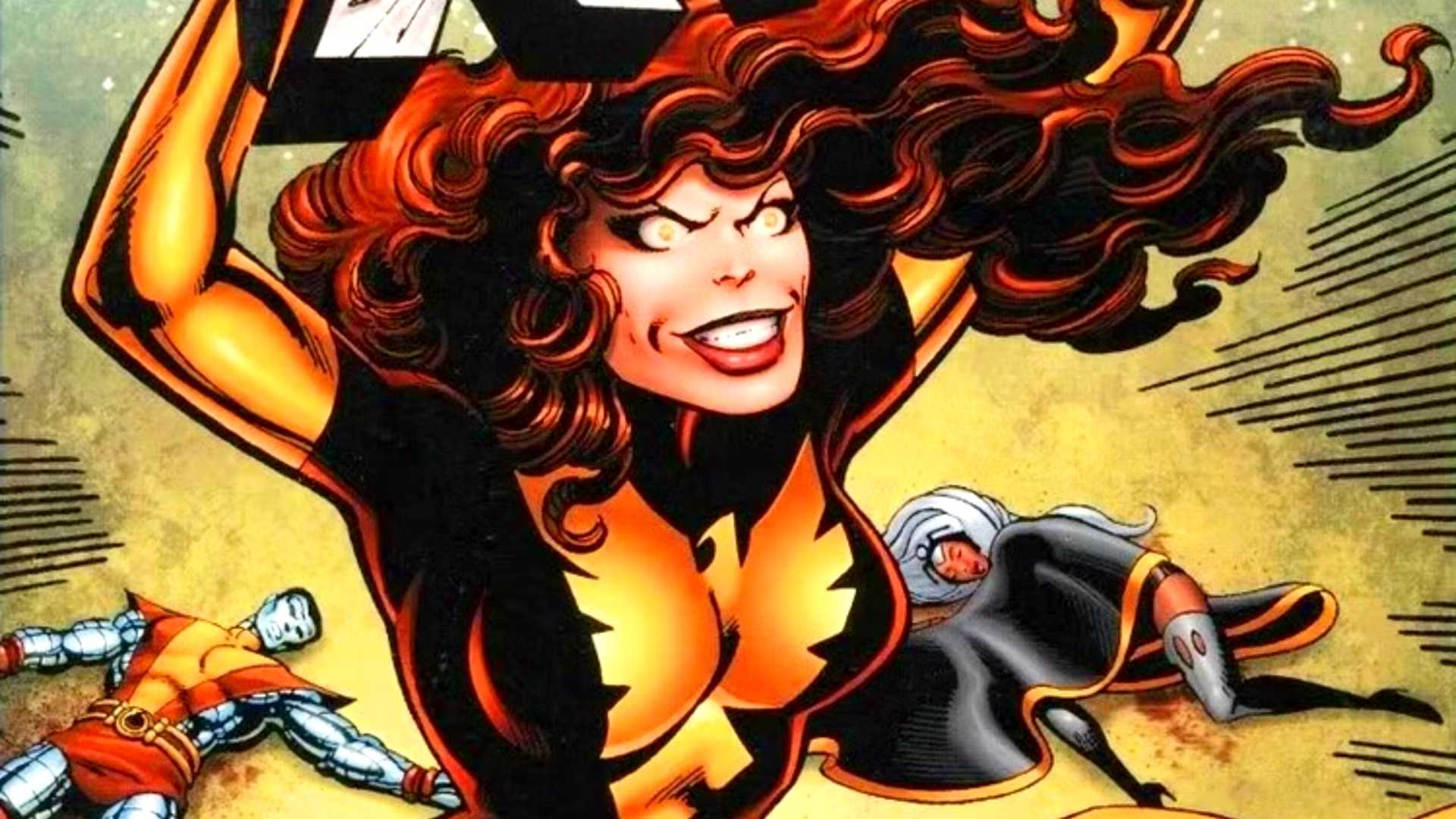 Jean Grey smiles while holding the X-Men title with Colossus and Storm lying unconscious behind her in the Dark Phoenix Saga