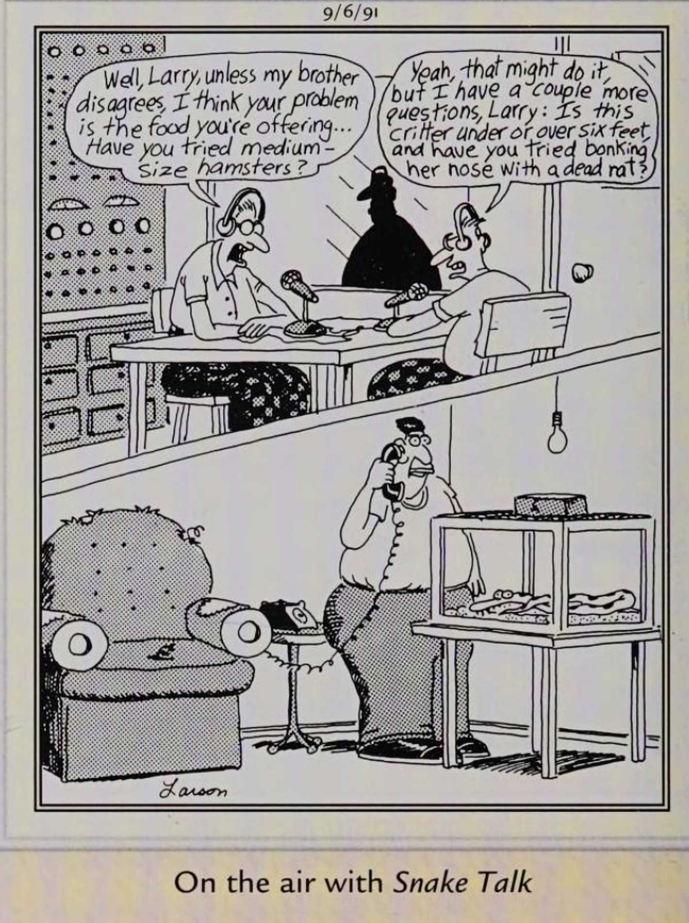 Far Side, September 6, 1991, split-image panel depicting a caller to the radio show Snake Talk