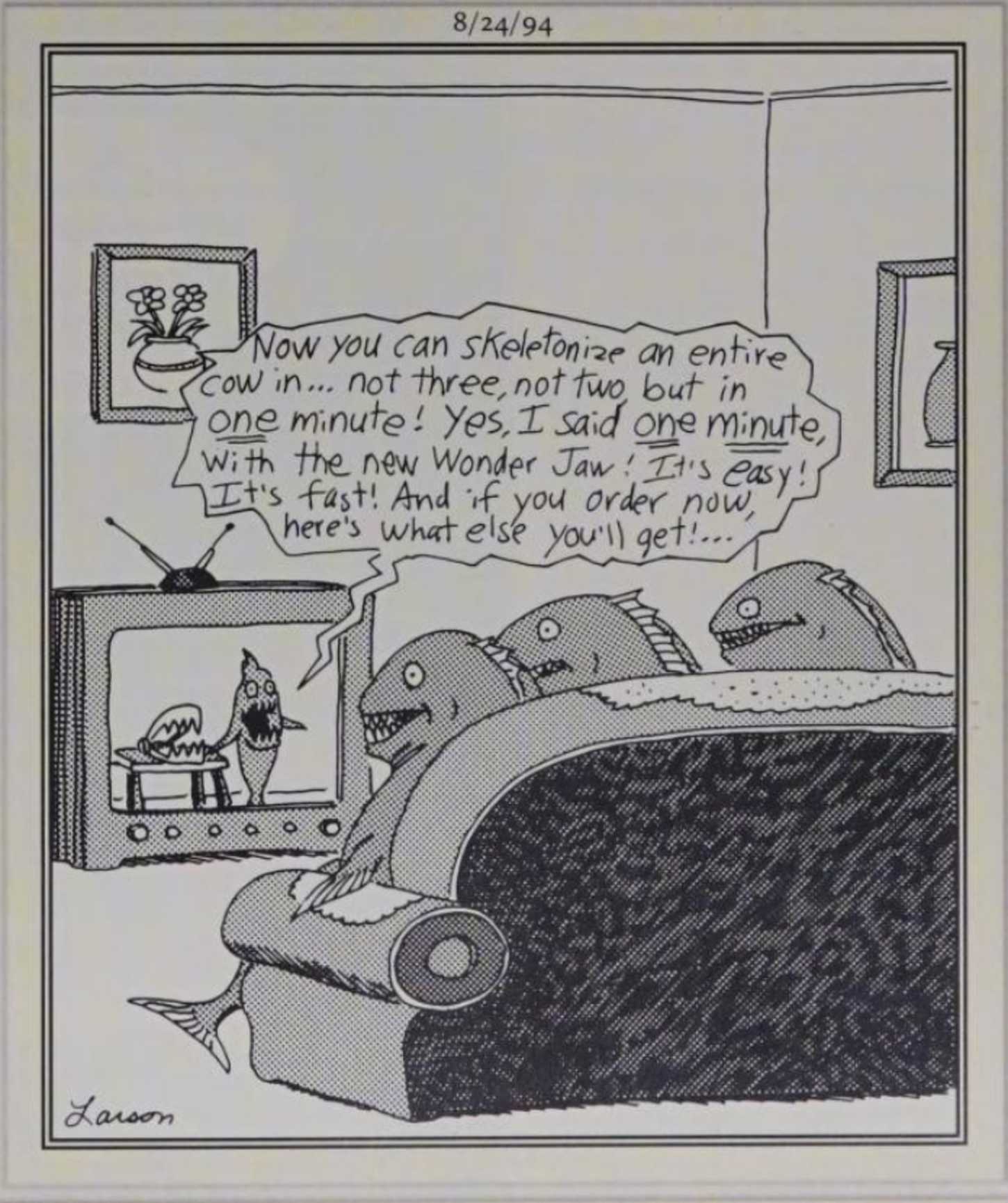 Far Side, August 24, 1994, piranhas watching television
