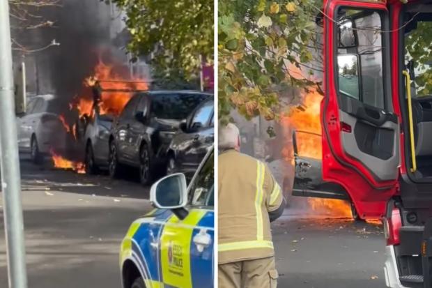 Road CLOSED after parked car goes up in flames 'twice' in Westcliff street