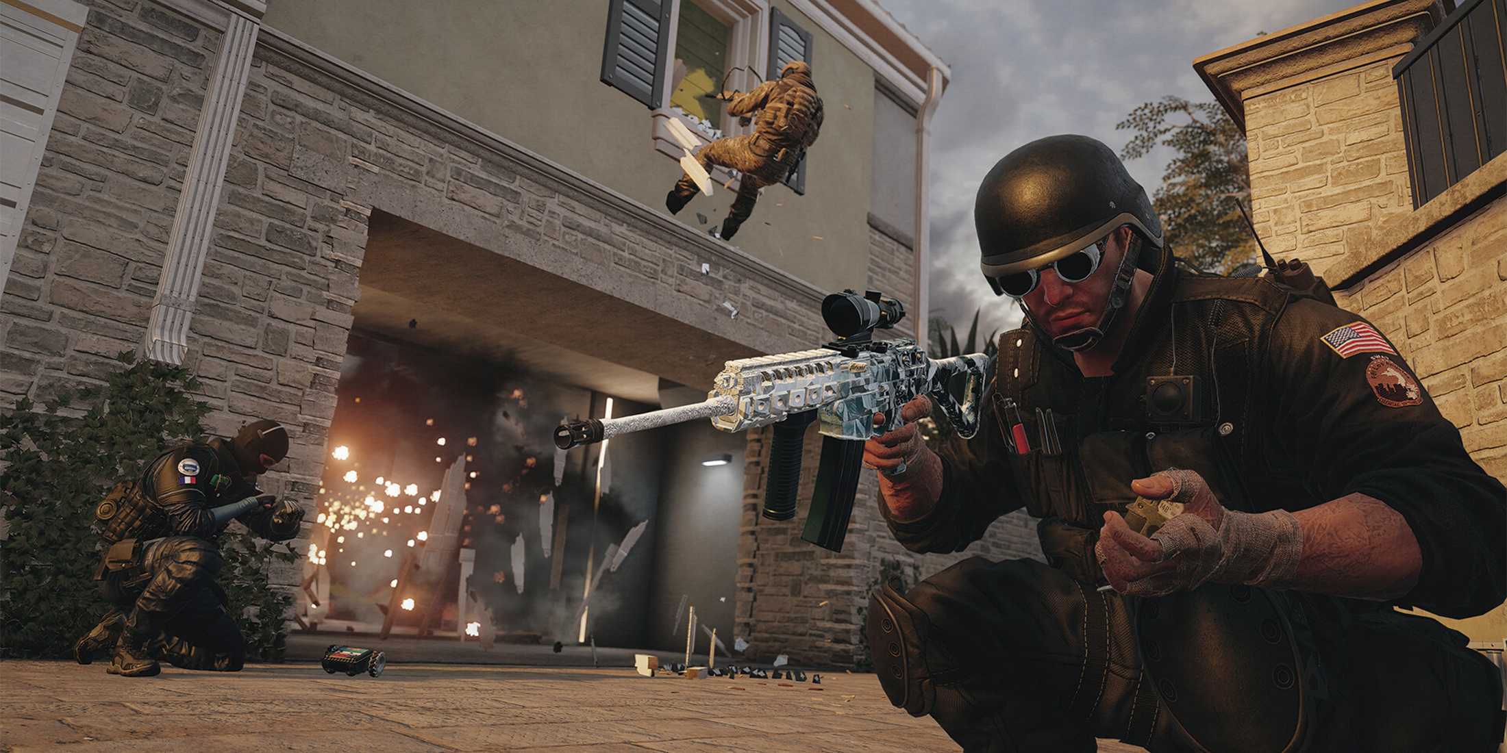 A soldier outside of a house being attacked in Rainbow Six Siege.