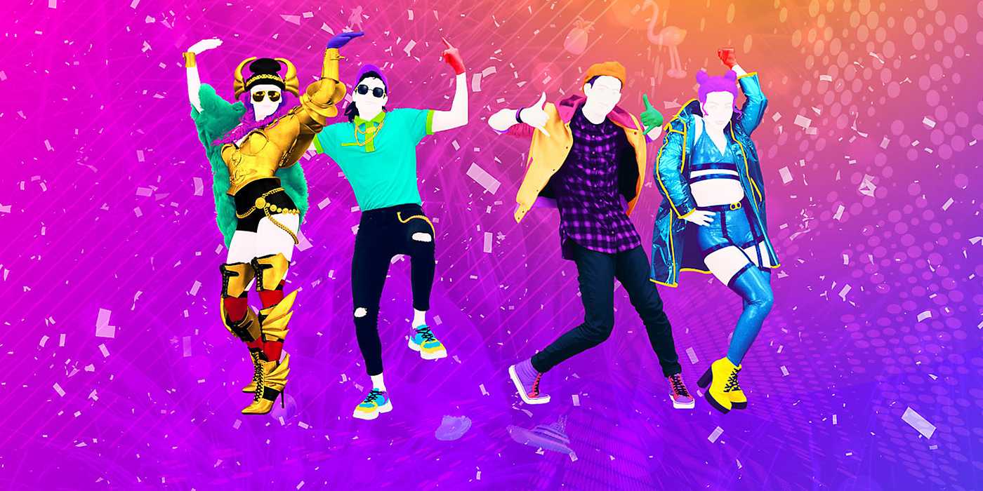 A group of dancers on a colorful pink and purple background.