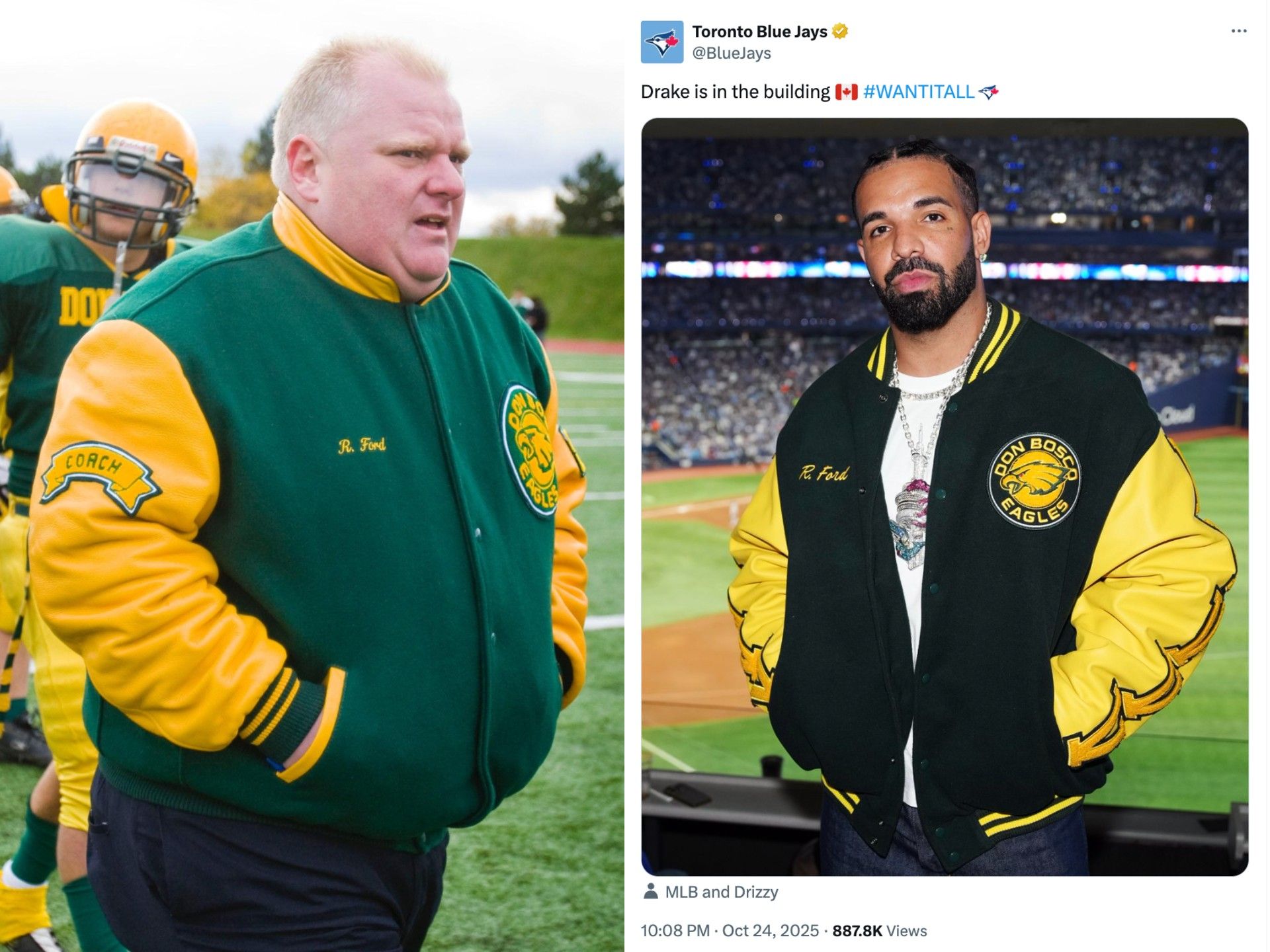 Drake dons Rob Ford tribute jacket at Jays-Dodgers game in Toronto