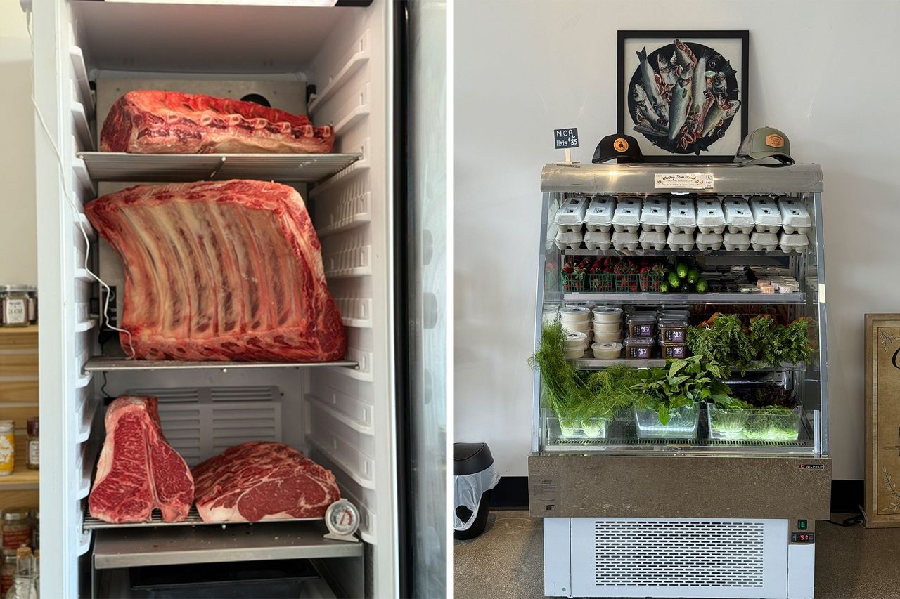 Cut meats displayed in a refrigerator on the left fresh produce and dairy products in a refrigerated display case on the right
