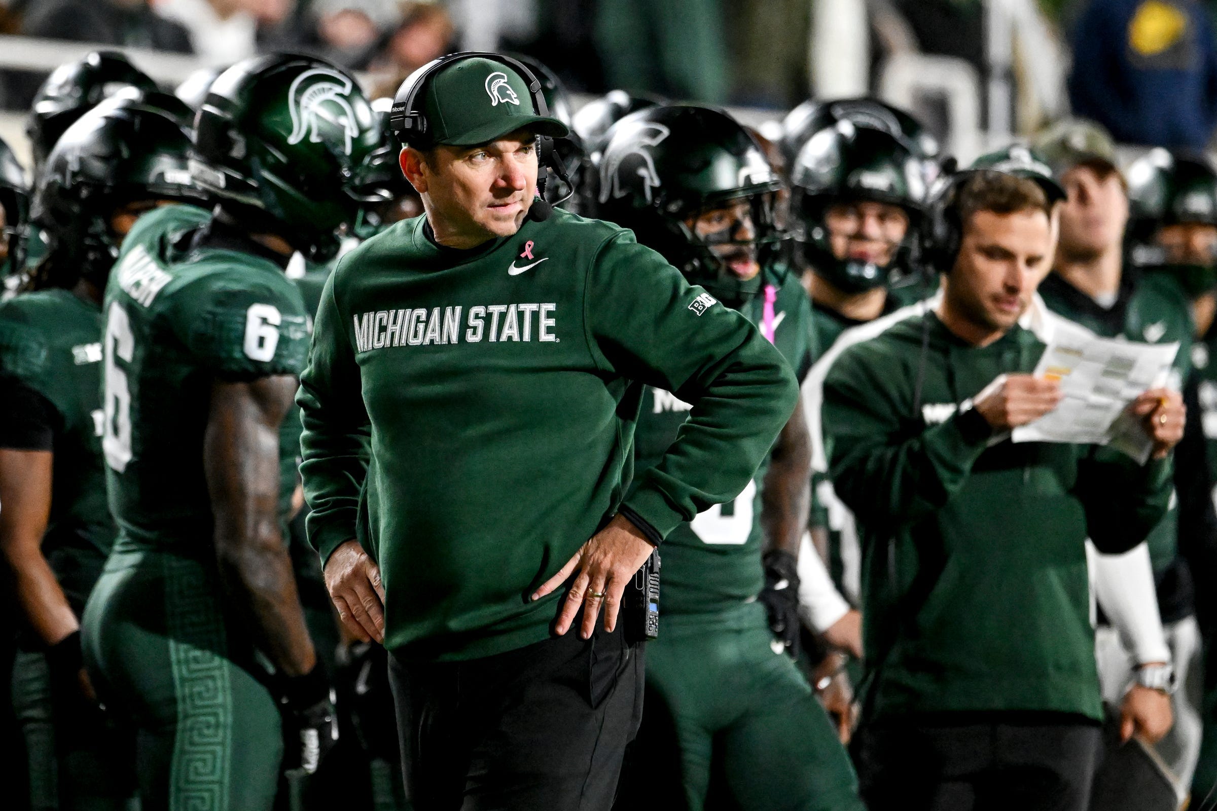 Michigan State's head coach Jonathan Smith looks on from the sideline against Michigan during the second quarter on Saturday, Oct. 25, 2025, at Spartan Stadium in East Lansing.