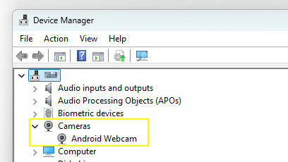 Android Webcam detected in Device Manager for Windows 11