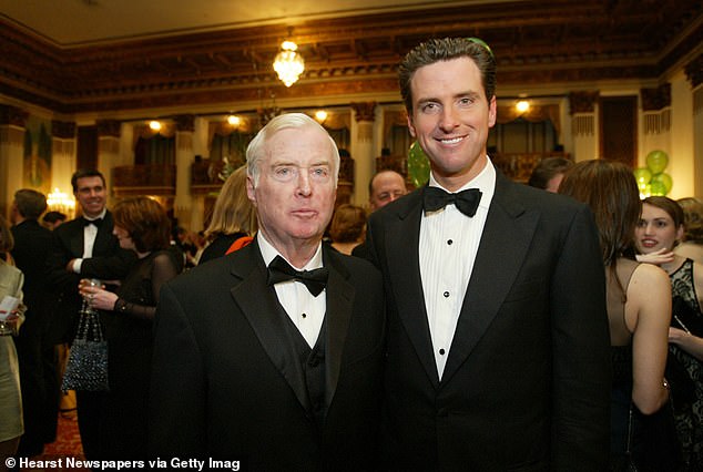 Critics of the clip pointed out that Newsom's father, William Newsom (pictured, left), worked as a lawyer for the billionaire Getty family