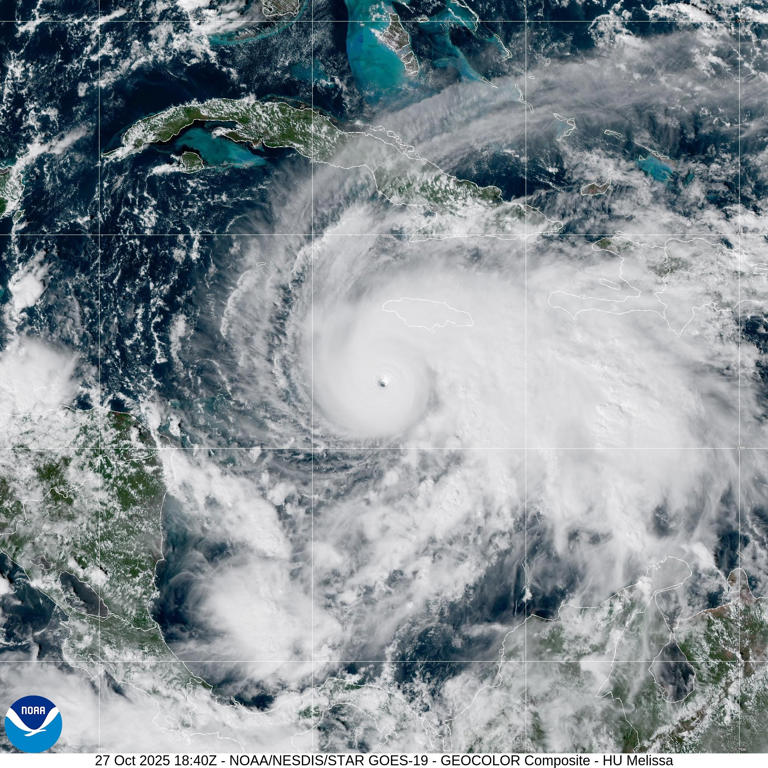 Category 5 Hurricane Melissa, one of the most powerful October hurricanes on record in the Atlantic Ocean basin, moves slowly toward an expected landfall on Jamaica on the morning of Oct. 28, but tropical storm force winds already had begun on the afternoon of Oct. 27 when this satellite image was captured.