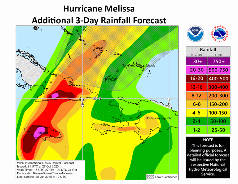 More than 2 feet of rainfall is possible along Melissa's path through Jamaica and Cuba, the National Hurricane Center and others warned on Monday, Oct. 27.