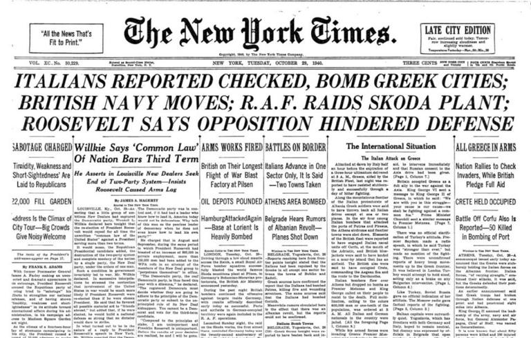 Πρωτοσέλιδο της New York Times της 29ης Οκτωβρίου 1940, με ανταπόκριση απο την Ελλάδα