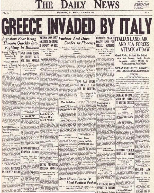 Το πρωτοσέλιδο της «Thε Daily News» με πηχιαίο τίτλο για την εισβολή της Ιταλίας στην Ελλάδα