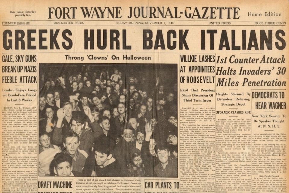 «Οι Έλληνες απωθούν τους Ιταλούς» γράφει το πρωτοσέλιδο της Fort Wayne Journal - Gazette της 1ης Νοεμβρίου 1940.