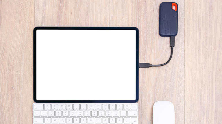 iPad tablet with external storage device connected