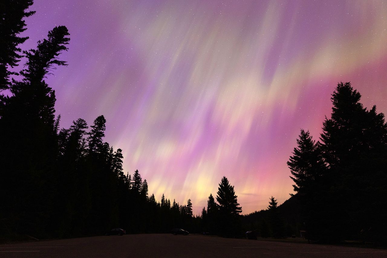 MANNING PARK, BRITISH COLUMBIA - MAY 11: Aurora borealis, commonly known as the northern lights is seen on May 11, 2024 in Manning Park, British Columbia, Canada.
