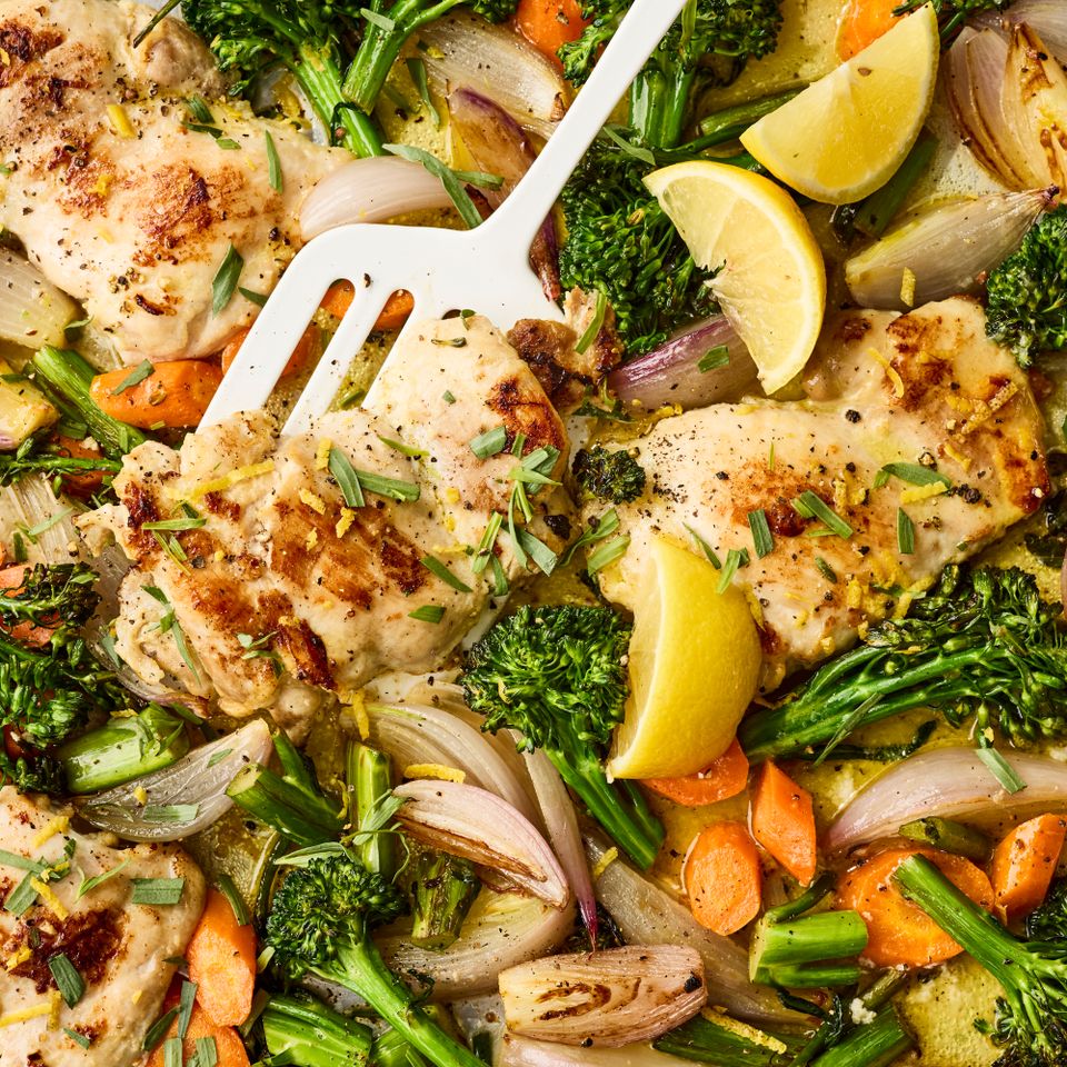 an image of the Sheet-Pan Lemon-Garlic Chicken with Vegetables