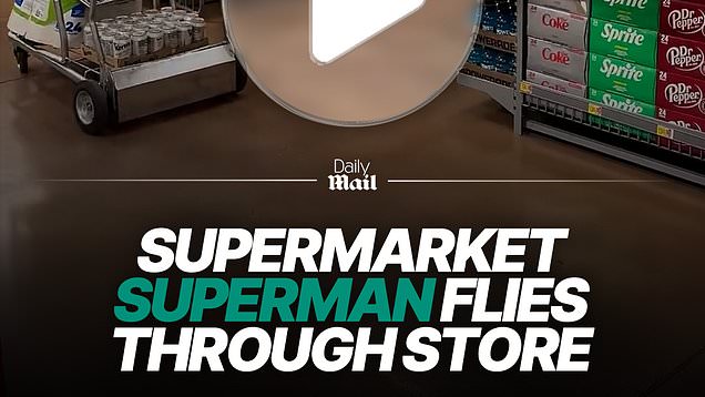 Superman flies through the store stunning shoppers