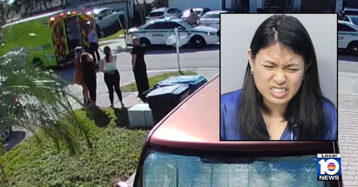 Background: Surveillance video obtained by WPLG showing Lynn My Le's sister being loaded into an ambulance (WPLG). Inset: Lynn My Le (Miami-Dade Corrections and Rehabilitation).