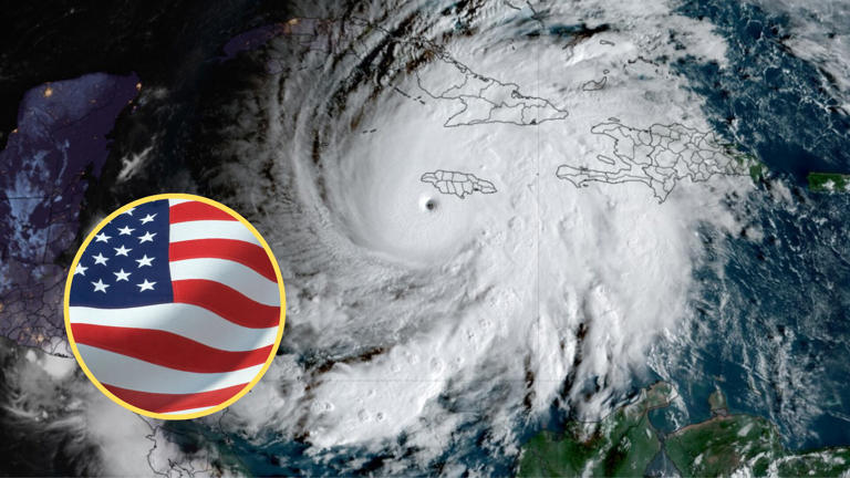 Huracán Melissa y bandera de Estados Unidos. Foto: AFP PHOTO / RAMMB/CIRA/ Getty Images
