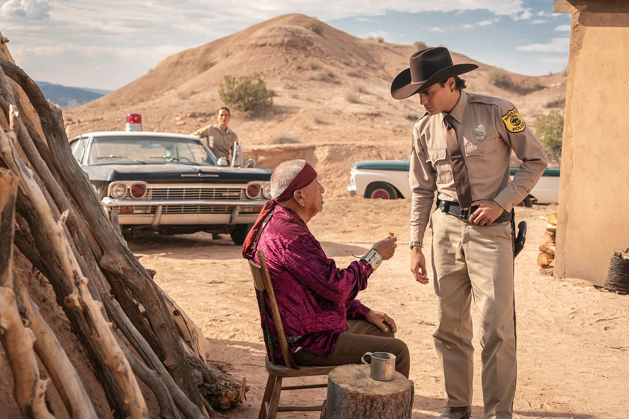 John Paul Comanche as Najavo Medicine Man, Kiowa Gordon as Jim Chee and Jessica Matten as Sgt. Bernadette Manuelito. Dark Winds, Season 1, Episode 1