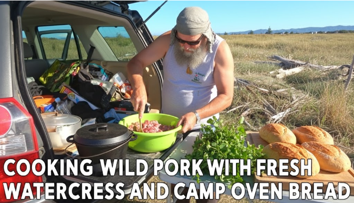 Cooking Wild Pork with Fresh Watercress and Camp Oven Bread