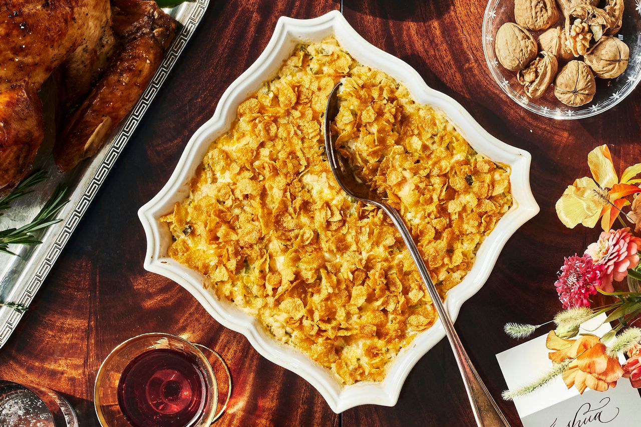 Southern Living Shoepeg Corn Casserole in the dish ready to serve