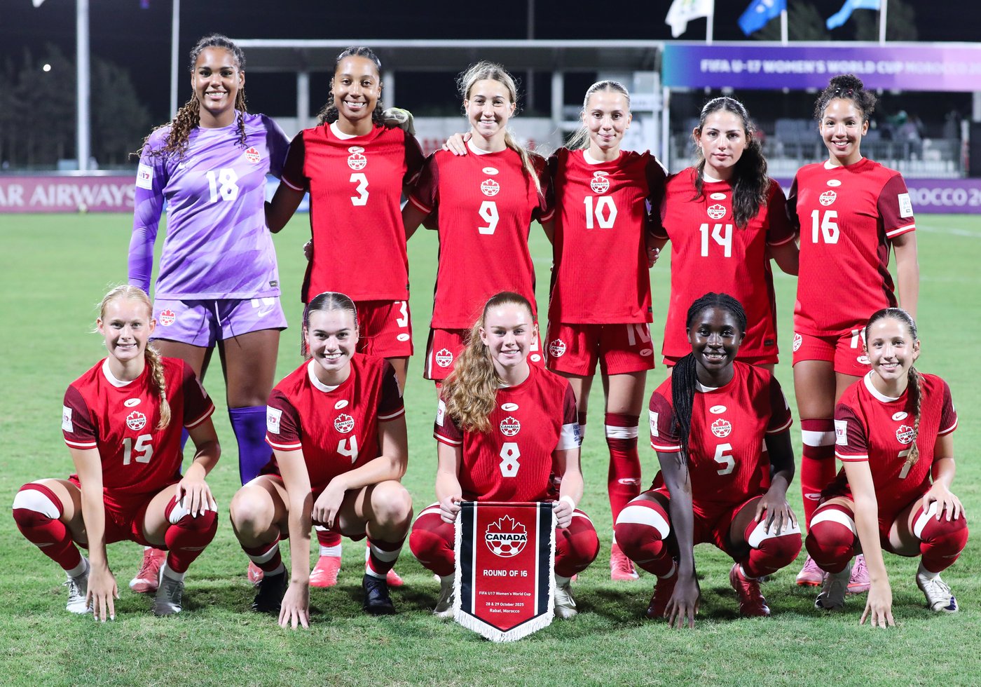 The Canadian team poses before its 6-0 win over Zambia in round-of-16 play at the FIFA Women's U-17 World Cup in Sale, Morocco in this Wednesday, Oct. 29, 2025 handout photo. THE CANADIAN PRESS/Handout - Canada Soccer/Audrey Magny (Mandatory Credit)